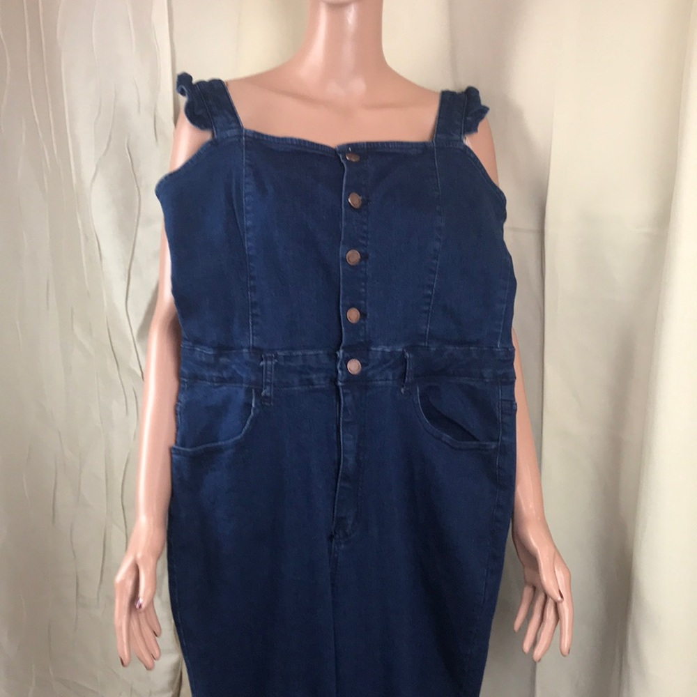 Dark blue denim overalls with ruffled shoulder straps XLG